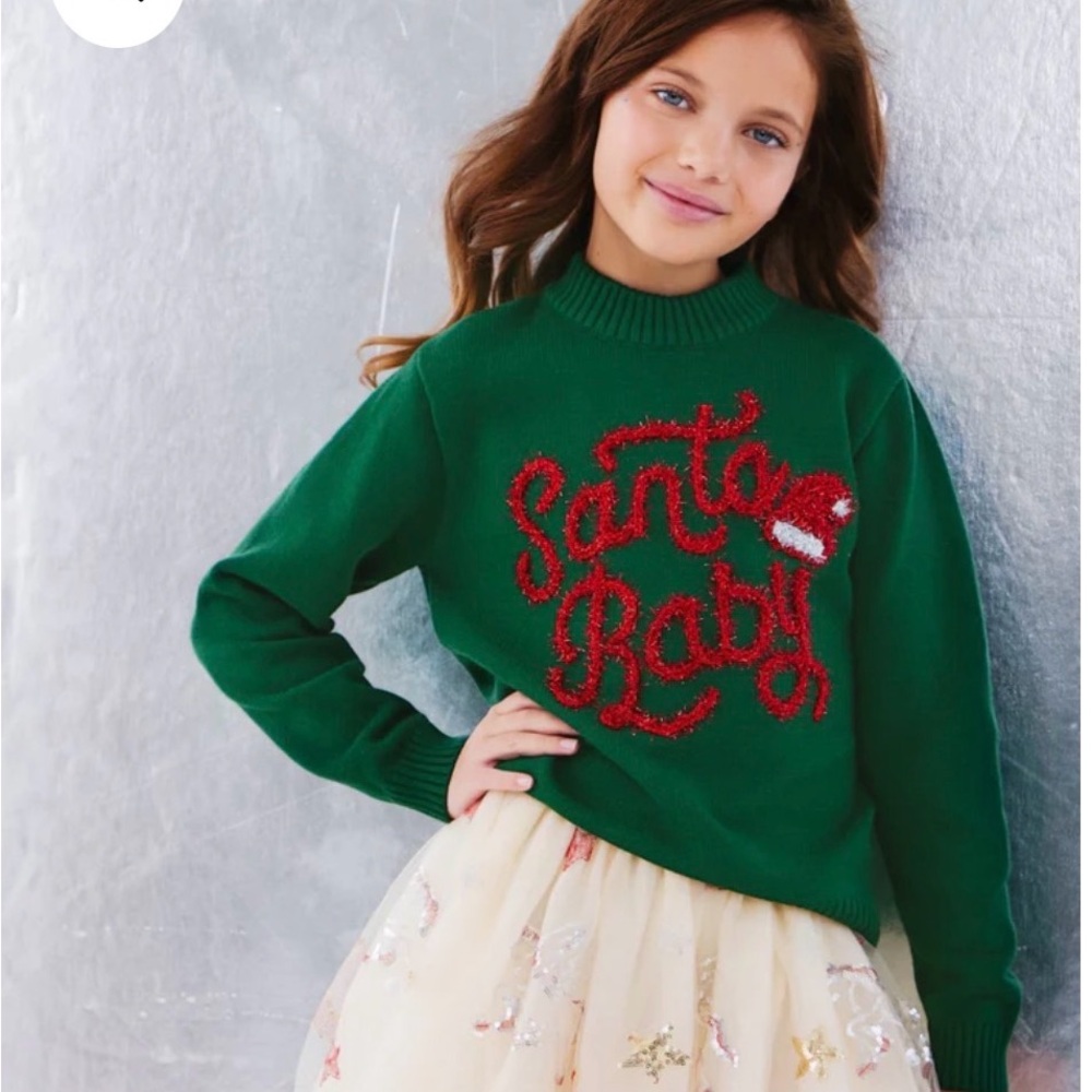 Lola + The Boys Green Sweater with Red Santa Baby Design